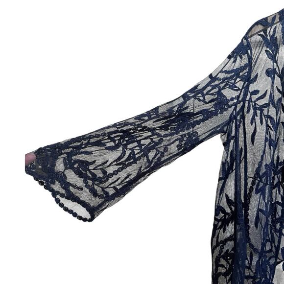 Nina Leonard Floral Embroidered Mesh 3/4 Sleeves Open Duster Cardigan Large - Picture 4 of 9